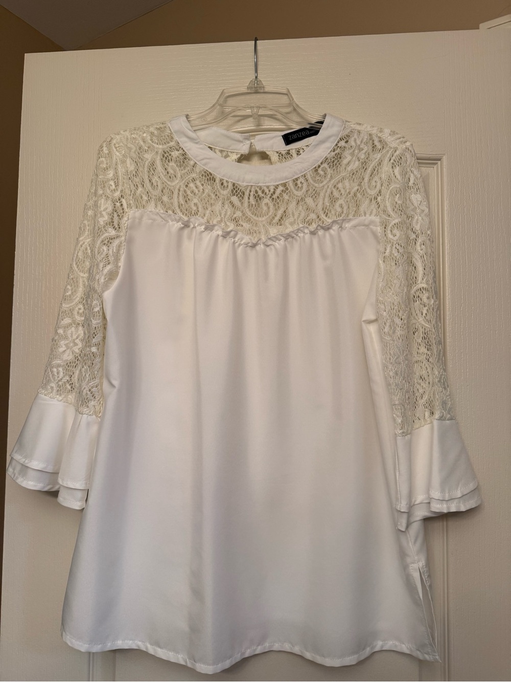 Zanzea White Lace Yoke Blouse with Bell Sleeves
